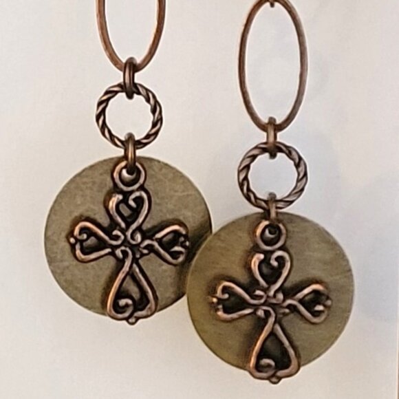 Beautiful Copper Cross & Bronze Brass Coin LeverBack Earrings, Faith, Hope, Love - Picture 3 of 4